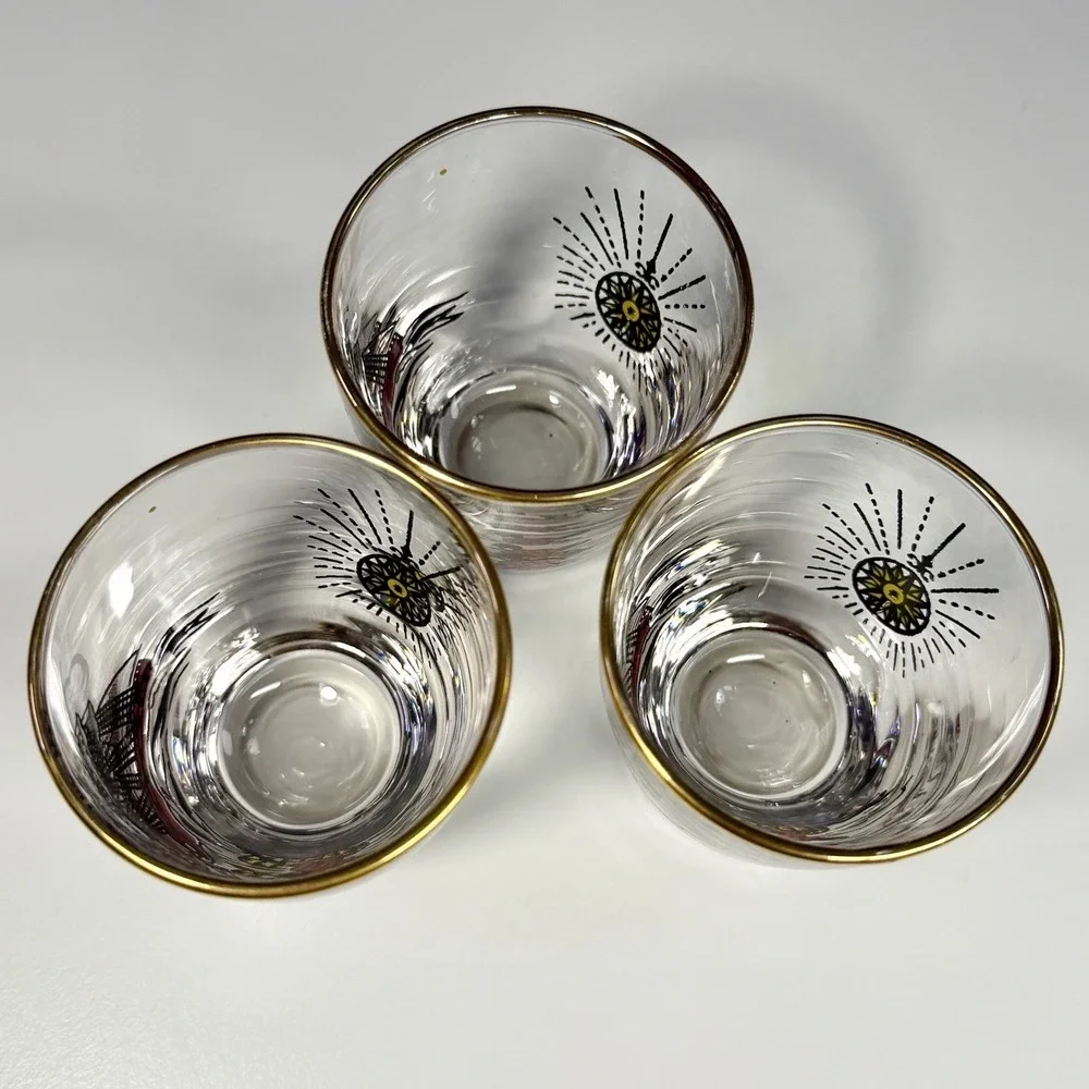 VTG Libbey Treasure Island Gold Rim Shot Glasses Pirate Ship MCM Barware Set/3